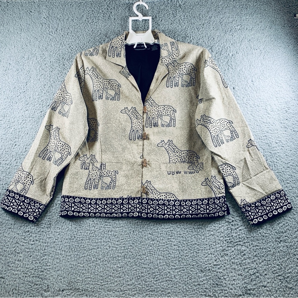 New Identity Blazer Jacket Womens M Long Sleeve Lined Giraffe Print Cotton Brown